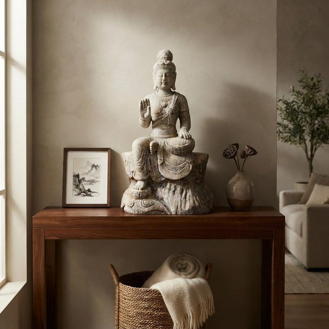 This is a nice hand carved white marble stone statue of oriental Chinese sitting Kwan Yin, Tara, Bodhisattva. It is carved...