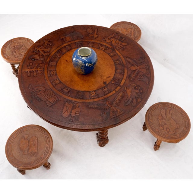 Mid 20th Century Embossed Leather South American Coffee Table 4 Nesting Stools Chairs For Sale - Image 16 of 18