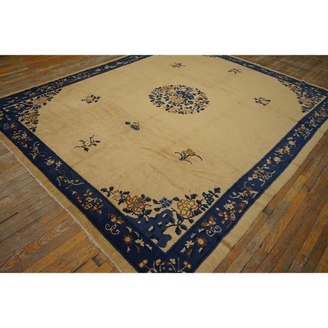 Art Deco 1920s Beige Medallion Floral Antique Chinese Peking Carpet 8'' X 9'5'' Wool Rug For Sale - Image 3 of 11