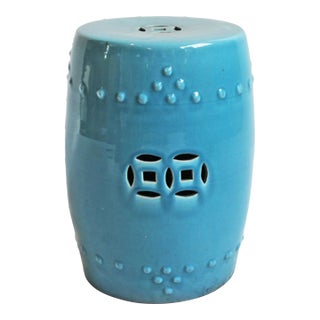 Vintage Painted Blue Ceramic Garden Stool / Side Table For Sale
