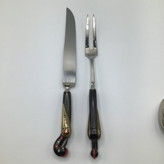 Vintage Alfred Haddad Jezzine Lebanese Phoenix Bird Carved With Inlay Flatware Set of 10