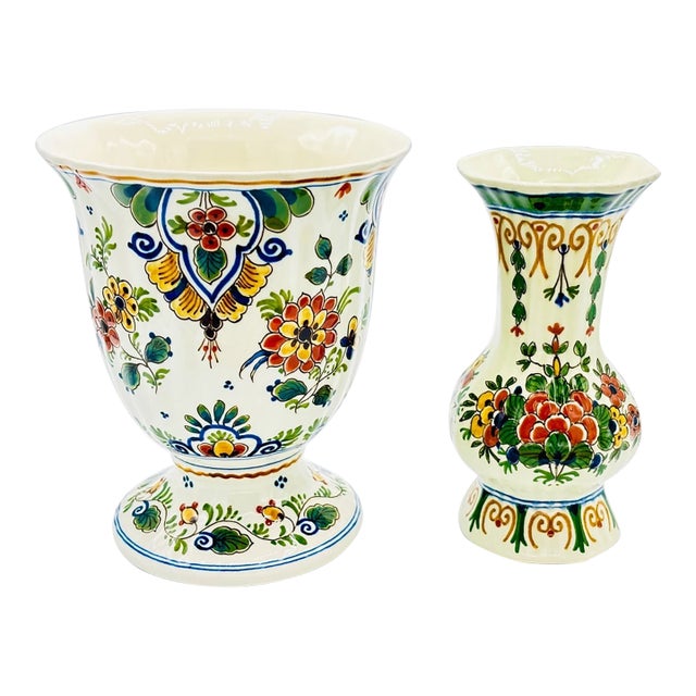 Vintage MCM Royal Delft Hand-Painted Porceleyne Fles Vases-Set of 2 For Sale