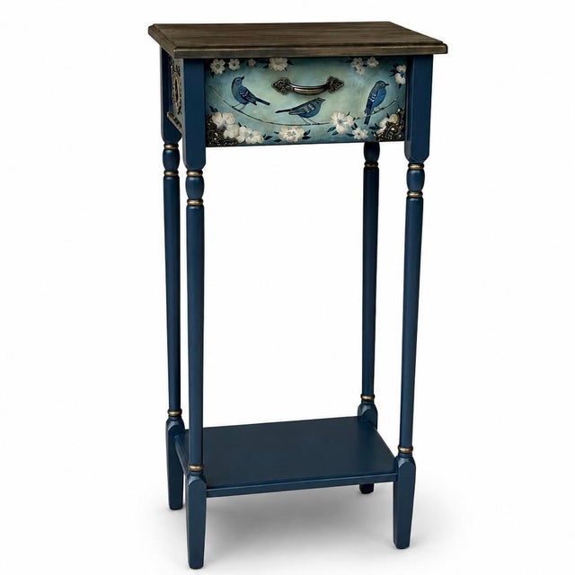 Hand-Painted Blue Birds Console Table – Solid Wood Entryway Accent Furniture For Sale - Image 12 of 12