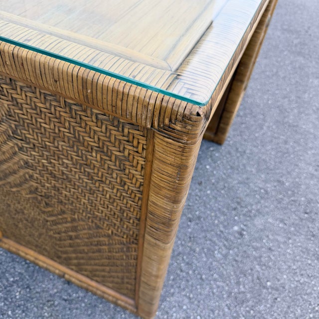 Wood Boho Chic Woven Wicker Glass Top Writing Desk With Chair - 2 Pieces For Sale - Image 7 of 12