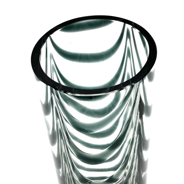 Hand-Blown Studio Glass Cylindrical Vase with Dark Green Spring Comb Design, 1970s For Sale - Image 6 of 15