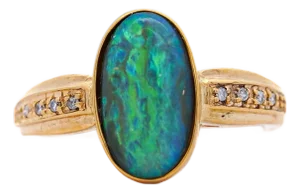 1990s Natural 0.12 Carat Diamond With Black Opal Doublet in 18k & 14k Yellow Gold Ring, Size 7.5