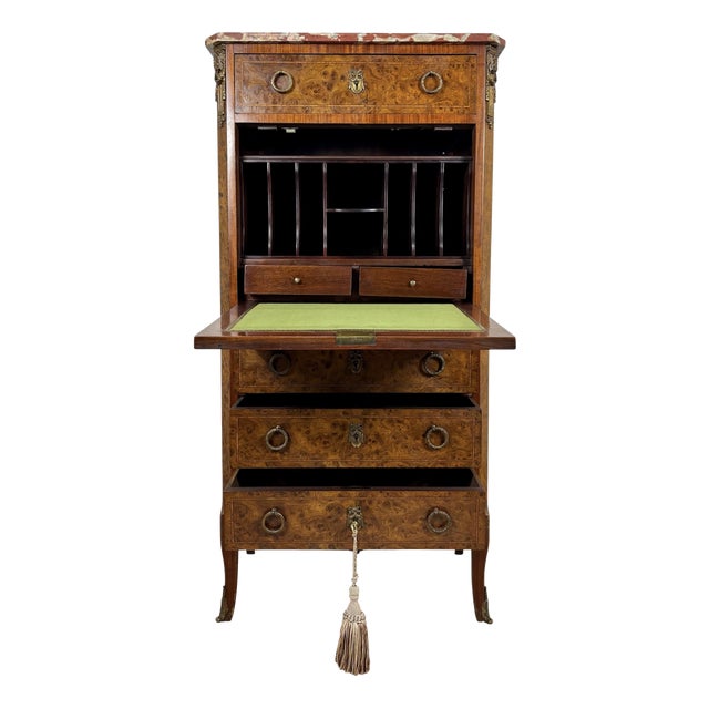 French Louis XVI Style Burl Wood Secretary Chest with Marble Top, 1930s For Sale