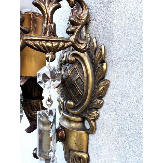 Italian Brass Wall Sconces with Porcelain Roses and Crystal Drops, 1950s, 1920s, Set of 2 For Sale - Image 12 of 16