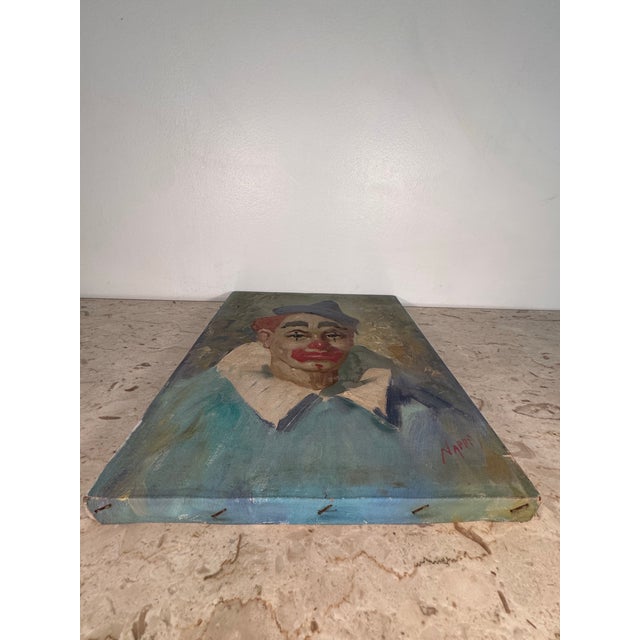 Mid 20th Century 1960s Signed Original Oil Painting of a Somber Circus Clown in Blue For Sale - Image 5 of 12