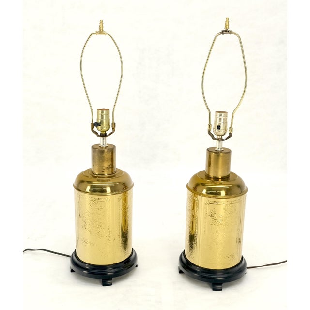 Pair of Asian Style c1070s Cylinder Shape Base Table Lamps Wooden Feet MINT! For Sale - Image 15 of 17