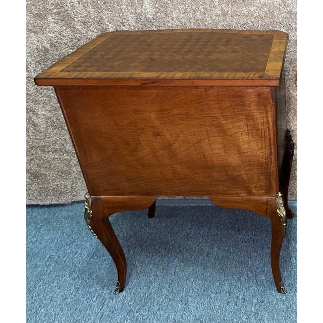 Vintage French Style Wood/Parquet Inlaid Three Drawer Chest W/Brass Ormolu For Sale - Image 9 of 10
