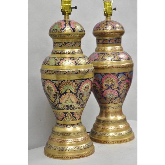 Vintage Brass & Cloisonné Enamel Pink & Blue Jardiniere Urn Table Lamps - Pair For Sale - Image 11 of 14