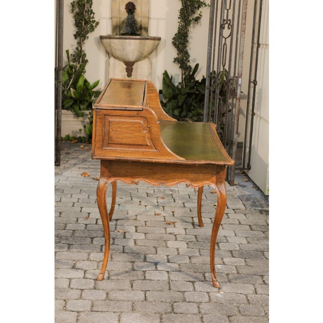 Wood French 1800s Louis XV Style Walnut Desk with Green Leather and Lifting Panel For Sale - Image 7 of 11