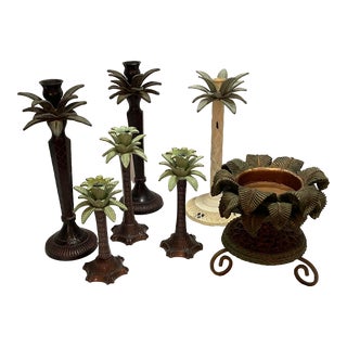 Vintage Collection of Metal Palm Tree Candle Holders - Set of 7 For Sale