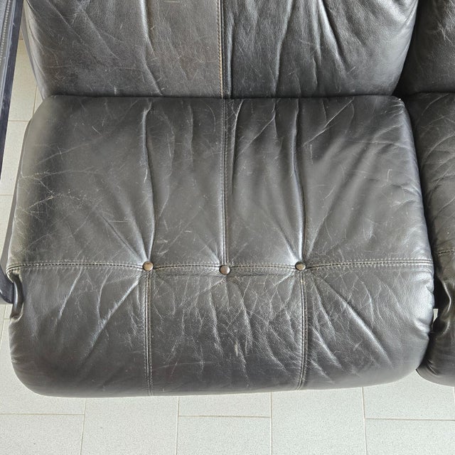 Vintage Scandinavian Two-Seater Sofa in Black Leather and Curved Wood, 1970s For Sale - Image 12 of 18