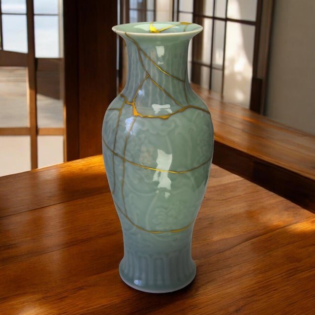 Celadon Meiping Vase, Late 19th Century, Sublime in Kintsugi: An Artistic Renaissance This celadon meiping vase, an...