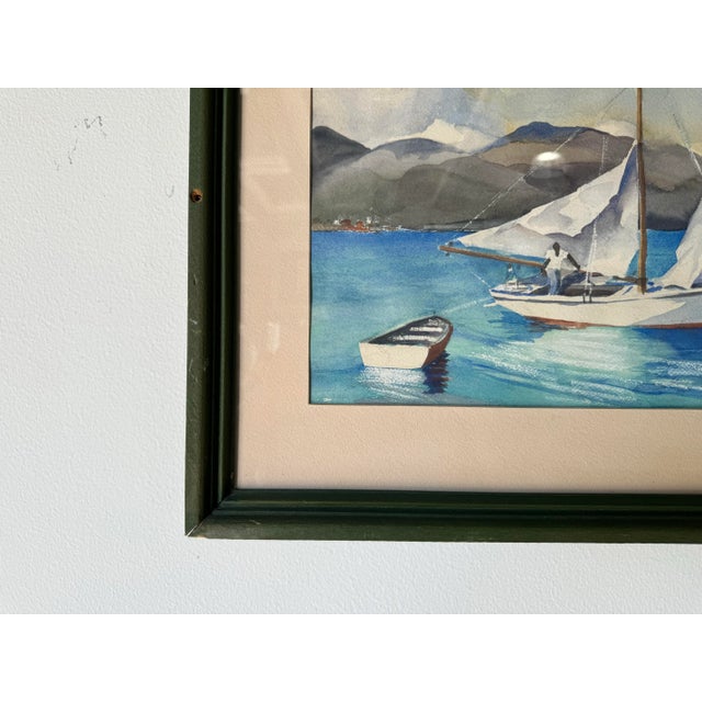 1970s 1970's Vintage Watercolor Fishing Boat Nautical Landscape Painting, Framed For Sale - Image 5 of 11