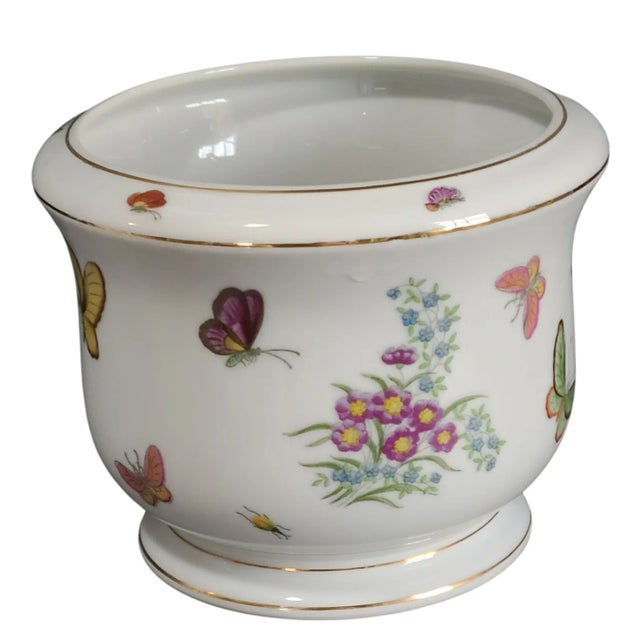 White Vintage Hand Painted Porcelain Colorful Floral Butterflies Jardiniere Planter For Sale - Image 8 of 8