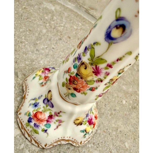 Early 20th Century Dresden, Germany Hand Painted Floral With Gold Accents Porcelain Candlestick For Sale - Image 5 of 12
