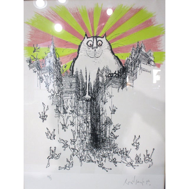 Well listed British artist Ronald Searle ( 1920- 2011 ) lithograph titled " Cat God " depicting a cat ruling the world and...