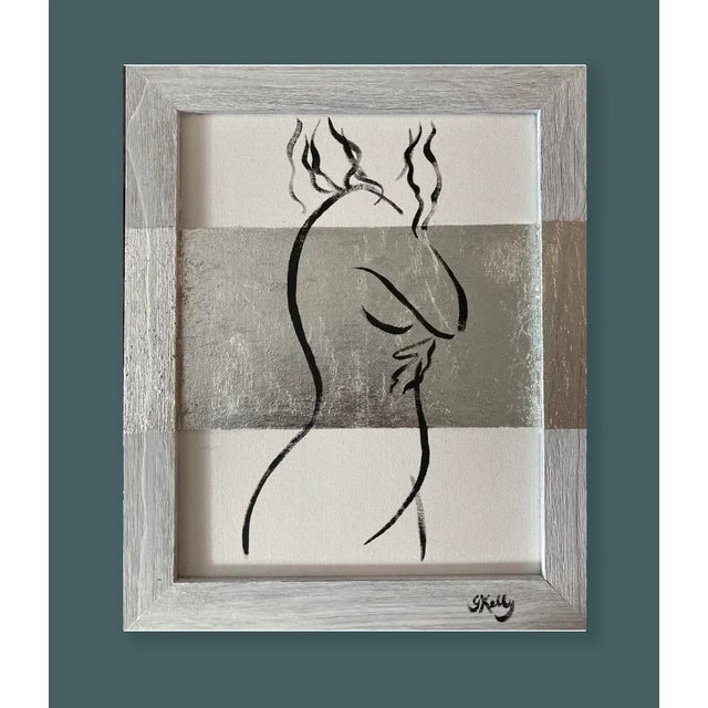 Figurative "Black Line Figure #2 with Silver Leaf" Contemporary Minimalist Figurative Painting by Gretchen Kelly, Framed For Sale - Image 3 of 4