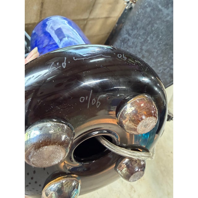 Glass Gallery Quality Pair of Signed Art and Numbered Murano Style Glass Lamps, Cobalt Blue With Iridescent Pattern For Sale - Image 7 of 12