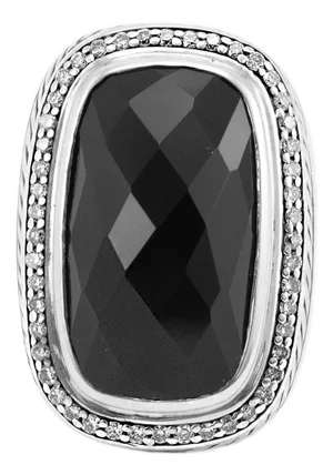 David Yurman 925 Sterling Silver Onyx Halo Diamond Albion Cocktail Ring Size 4.5