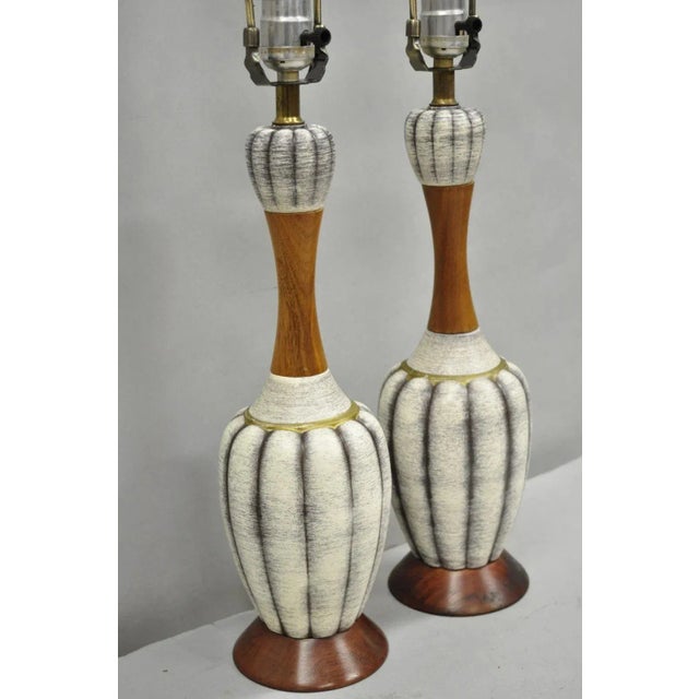 Vintage Mid Century Modern Walnut & Ceramic Small Sculptural Table Lamps - Pair For Sale - Image 12 of 12