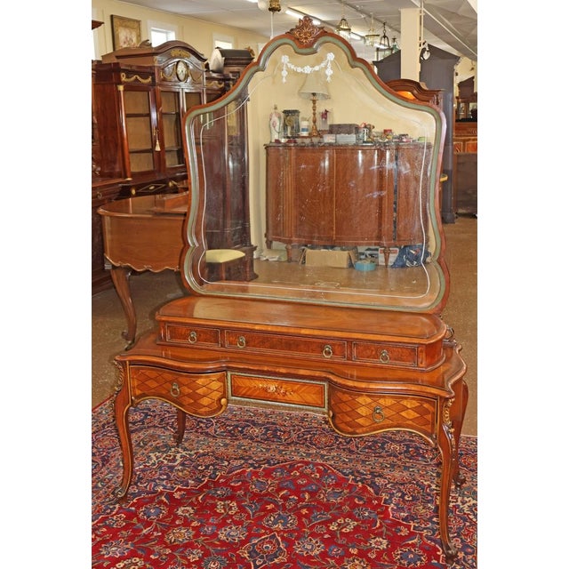 French Louis XV Style Walnut Inlaid Acid Etched Vanity Circa 1920's Dimensions : 53" Wide X 20" Deep X 76" Tall This...