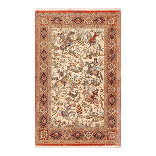 Nazmiyal Collection 1950s Pictorial Hunting Scene Vintage Persian Silk Qum Rug For Sale