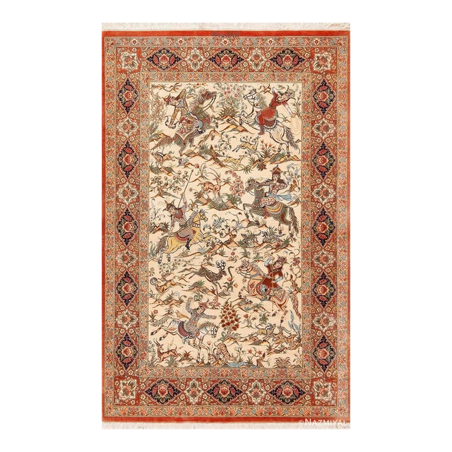 Nazmiyal Collection 1950s Pictorial Hunting Scene Vintage Persian Silk Qum Rug For Sale