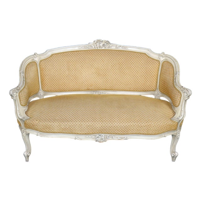 Vintage French Louis XV Style Carved Paint Decorated Settee C. 1950's For Sale