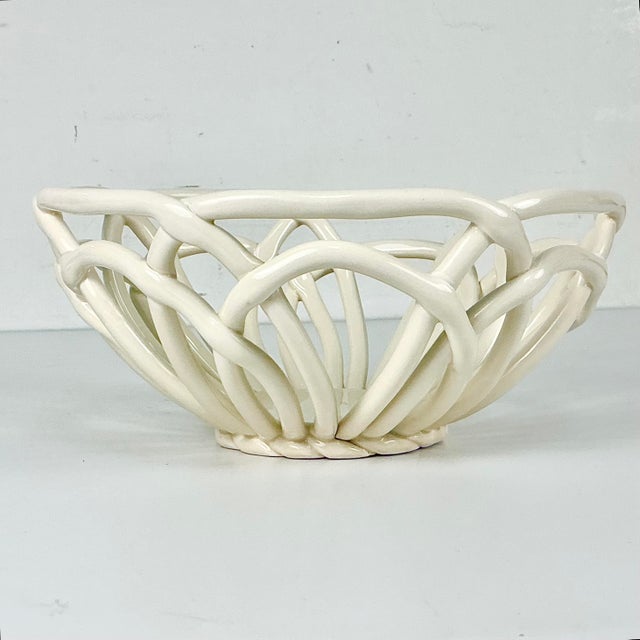 Ceramic Vintage Italian Arts & Crafts Boho Chic Handcrafted Open Weave Studio Pottery Serving Bowl, Ivory For Sale - Image 7 of 11