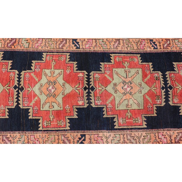 Blue Long Hand-Knotted Antique Persian Azerbaijan Runner in Wool With Medallions 3'10 X 11'2 For Sale - Image 8 of 12