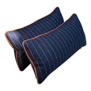 Pair Navy Pinstripe Lumbar Pillows For Sale