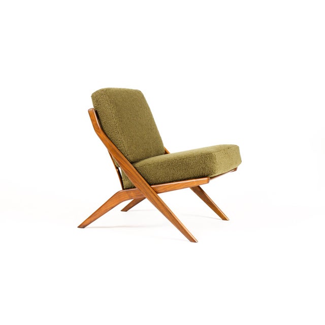 DUX 1960s Danish Modern Mid Century Walnut Scissor Lounge Chairs — Folke Ohlsson for Dux — Olive Bouclé For Sale - Image 4 of 11