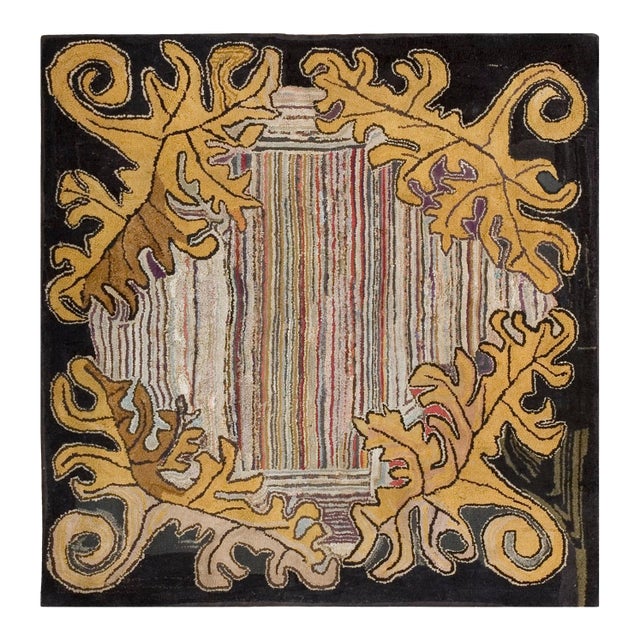 1920s Ivory Brown Floral Folk Art Antique American Hooked Rug 3'8" X 4'0" Handknotted Wool Carpet For Sale