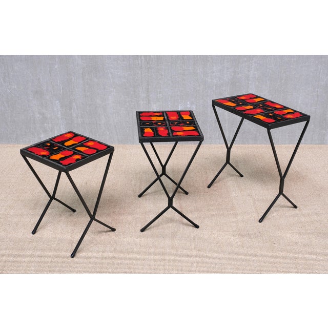 French Modern Nesting Tables with Red and Orange Ceramic Tile Tops, 1950s, Set of 3 For Sale - Image 14 of 15