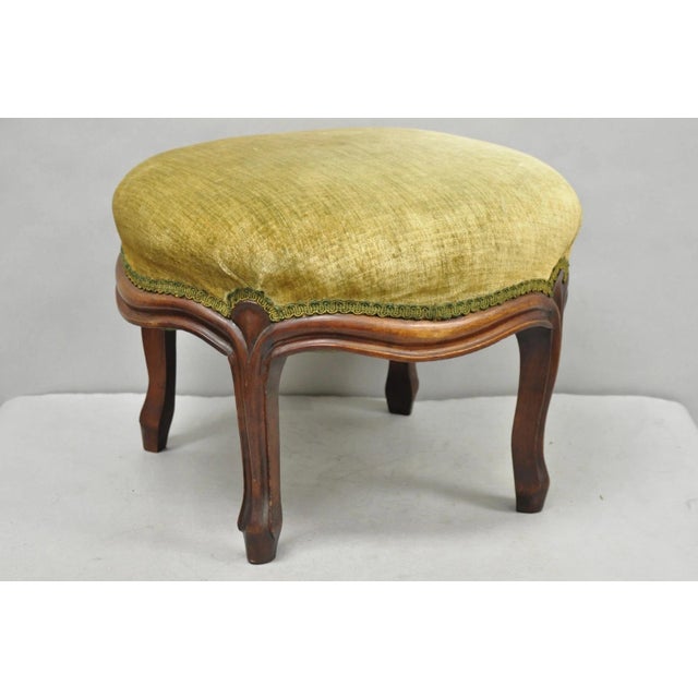 Antique Victorian Carved Mahogany Green Mohair Fabric Round Footstool Ottoman For Sale - Image 11 of 11