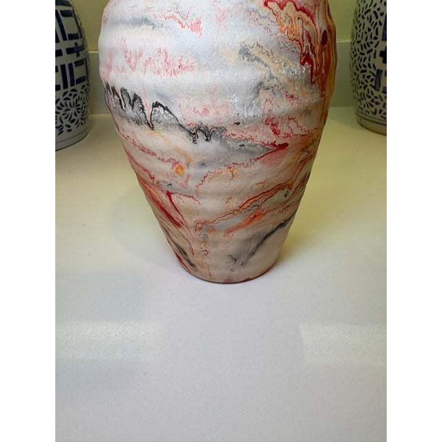 Boho Chic Nemadji Swirl Vase in Red Orange & Gray Studio Pottery For Sale In Miami - Image 6 of 12