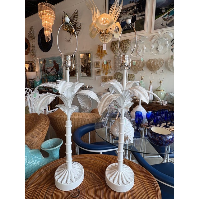 Vtg. Pair 1973 Palm Beach Tree Leaf Table Lamps Restored White Tole Newly Wired For Sale In West Palm - Image 6 of 10