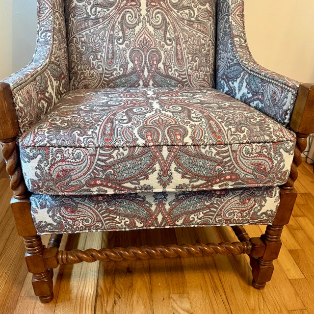 French Country Wesley Hall Barley Twist Davis Wingback Chair in Paisley Tapestry and Nailhead Trim For Sale - Image 3 of 10