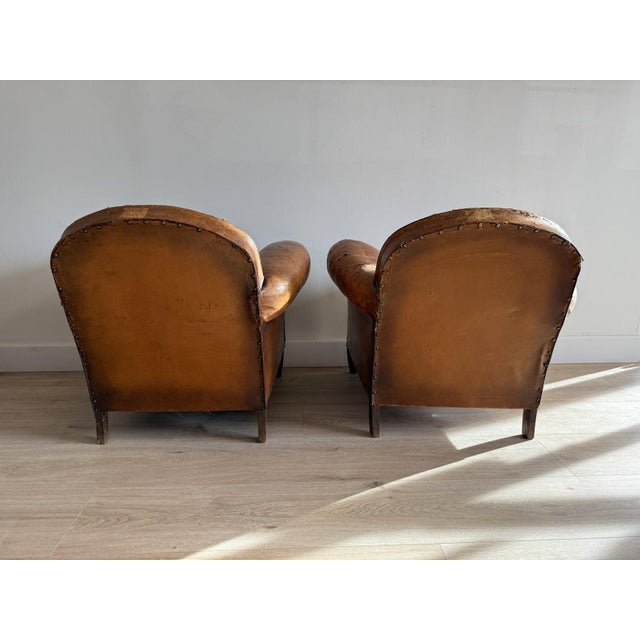 Brown Antique Pair French Leather Chairs For Sale - Image 8 of 17