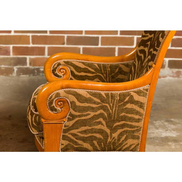 French Walnut 19th Century Bergère Chairs with Carved Arms and Zebra Upholstery For Sale - Image 10 of 12