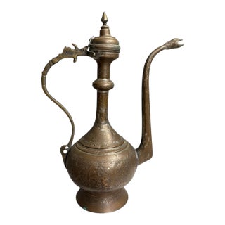 Antique Style Copper Brass Snake Spout Ewer-Engraved-Middle Eastern-Serpent For Sale