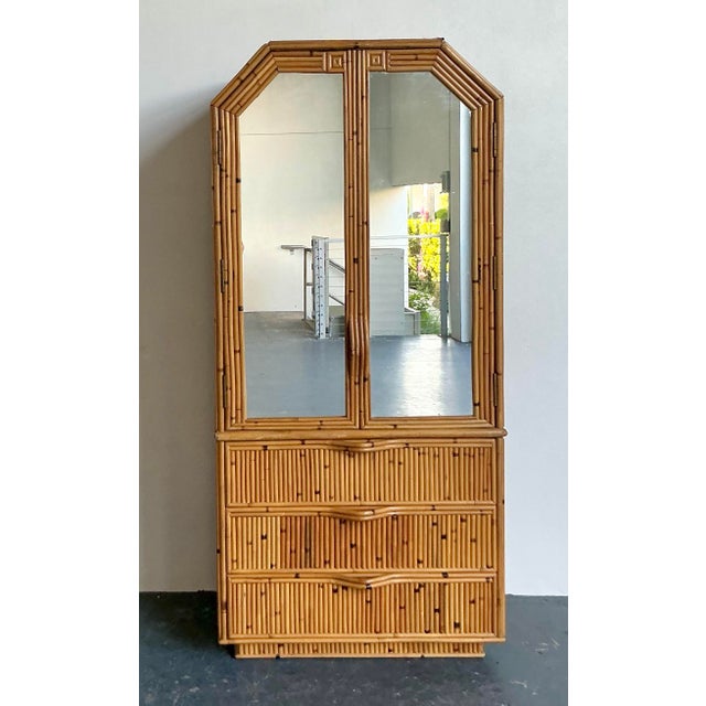 Vintage Boho Faceted Bamboo Mirrored Armoire For Sale - Image 11 of 12