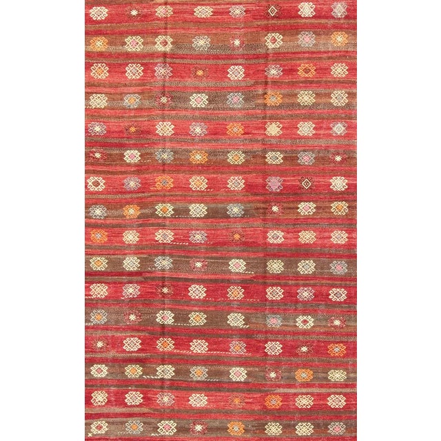 Colorful Red and Brown Striped Turkish Kilim Rug With Geometric Shapes For Sale - Image 4 of 13