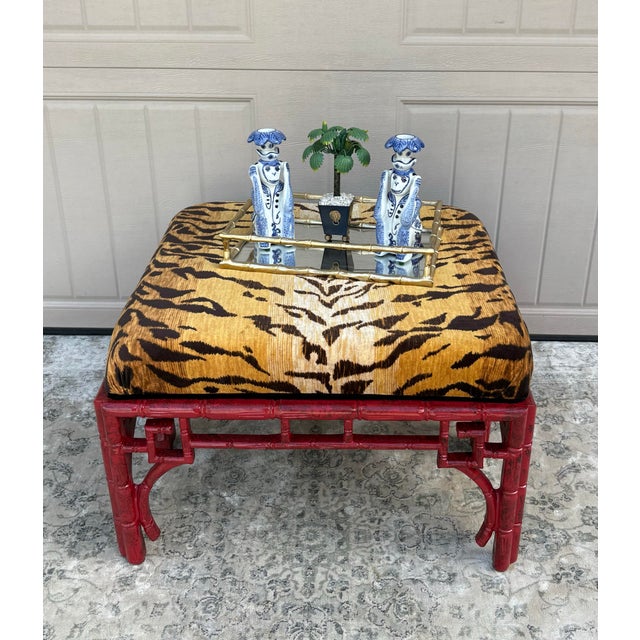 1970s Vintage Chinoiserie Red Ottoman With Tiger Fabric Upholstery For Sale In Savannah - Image 6 of 12