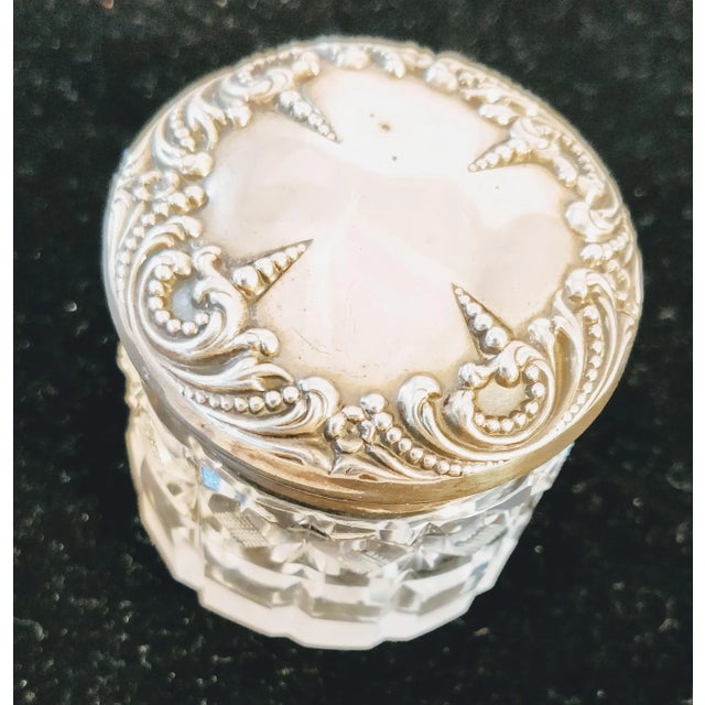 Sterling silver and cut glass dresser jar., Made by Foster and Bailey in 1878. Wonderfully detailed with a bead lines...