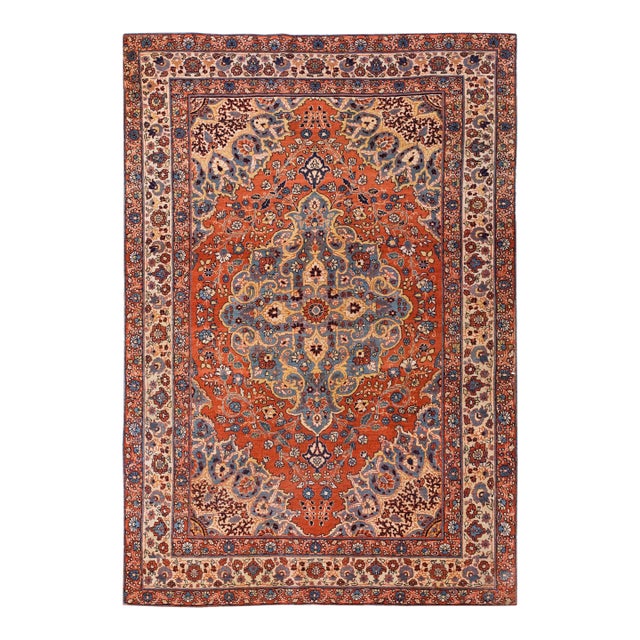 1880s Red Medallion Rustic Antique Persian Tabriz Rug 4'0" X 5'10" Handknotted Wool Carpet For Sale